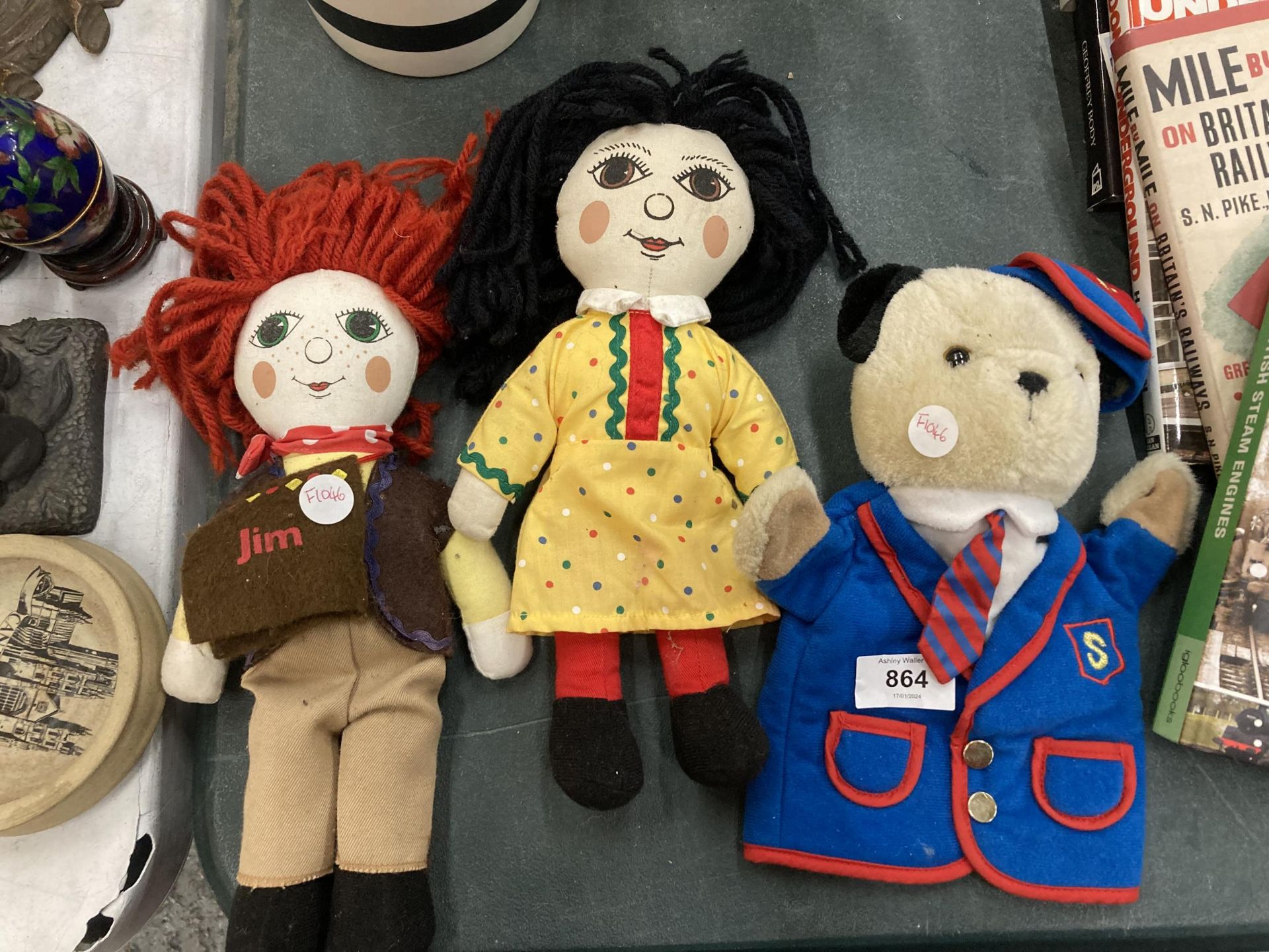 TWO ORIGINAL 1993 ROSIE AND JIM DOLLS PLUS LITTLE COUSIN SCAMPY FROM SOOTY AND SWEEP