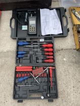 AN ASSORTMENT OF TOOLS TO INCLUDE A SCREW DRIVER SET AND A PORTABLE MICROPROCESSOR ETC