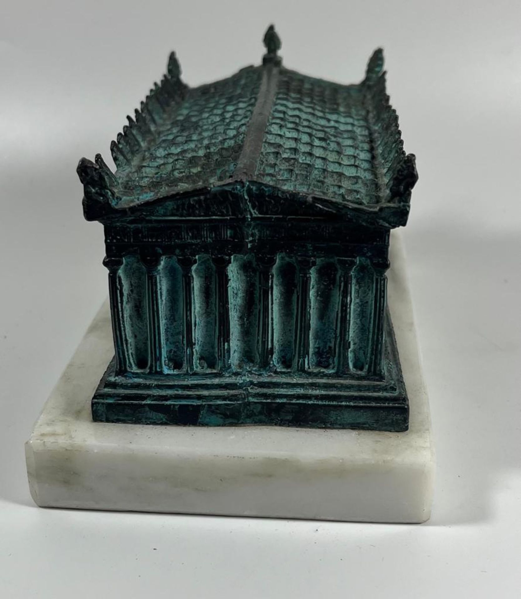 AN ORIENTAL, POSSIBLY TIBETAN, HEAVY BRONZE MODEL OF A GREEK TEMPLE, WITH VERDI GRIS PATINATION, - Image 3 of 5