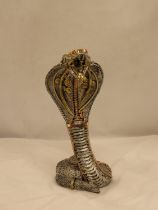 A STEAM PUNK MODEL OF A GOLD AND SILVER COLOURED COBRA, HEIGHT 33CM