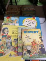 A QUANTITY OF VINTAGE BOOKS TO INCLUDE RUPERT THE BEAR