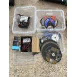 AN ASSORTMENT OF ITEMS TO INCLUDE TWO VOLT METERS AND GRINDING DISCS ETC