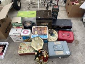 A COLLECTION OF VINTAGE TINS TO INCLUDE CASH TINS, ETC