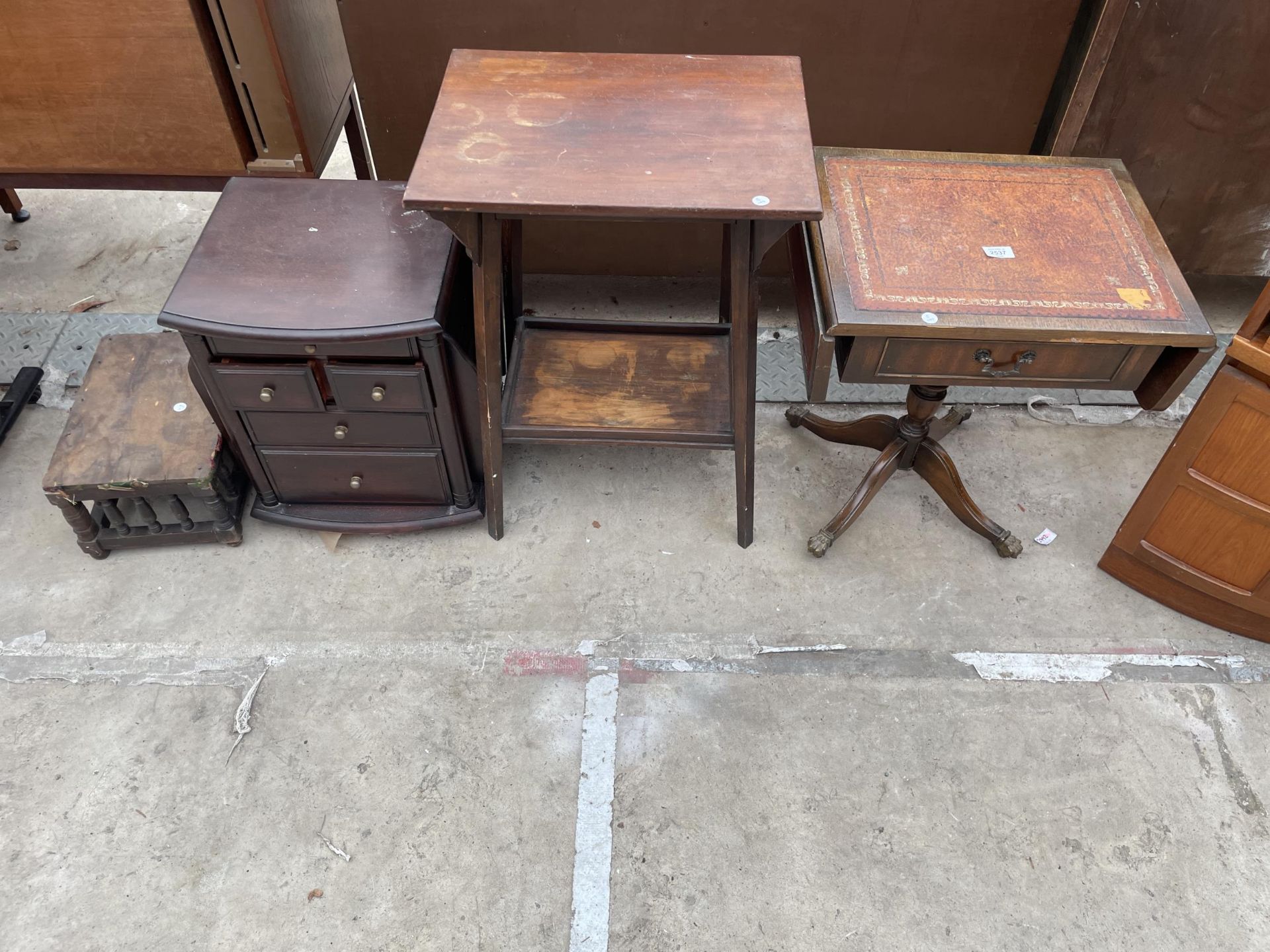 A SMALL STOOL, CENTRE TABLE, MAGAZINE RACK/CHEST AND SMALL SOFA TABLE