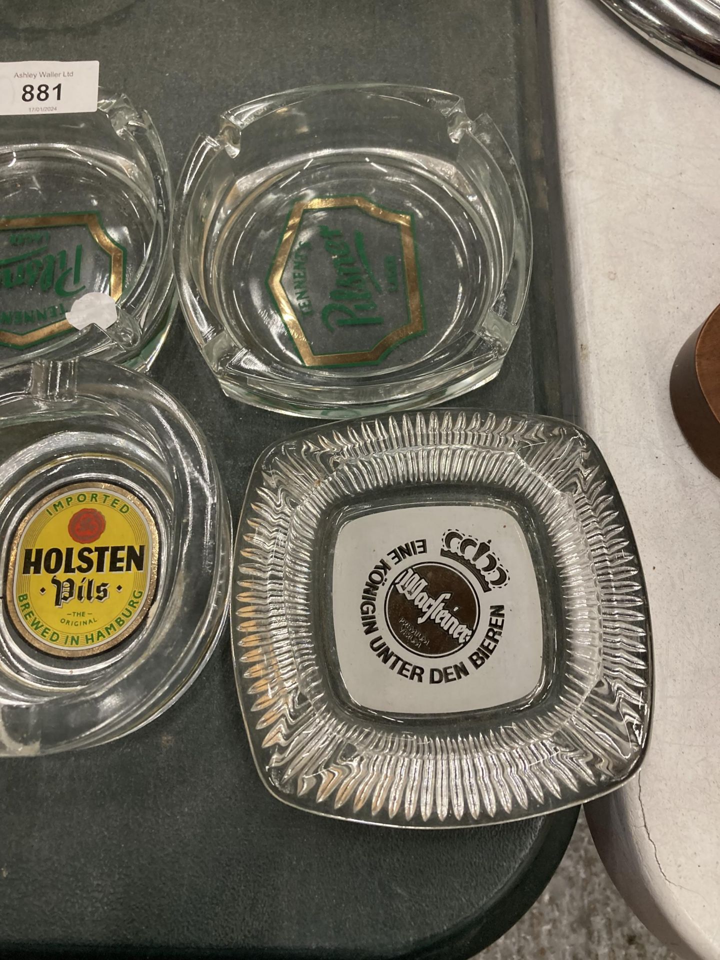 FIVE GLASS ASHTRAYS TO INCLUDE HOLSTEN, PILSNER AND WARSTEINER - Image 2 of 4