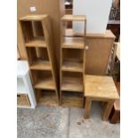 A PAIR OF HARDWOOD PYRAMID SHELVES AND SIMILAR LAMP TABLE