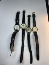 FOUR LADIES WATCHES ON LEATHER STRAPS TO INCLUDE A VINTAGE SMITHS WATCH, LORUS, REFLEX, ETC
