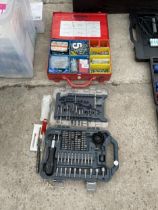 AN ASSORTMENT OF TOOLS AND HARDWARE TO INCLUDE A SCREW DRIUVER TIP SET AND AN ASSORTMENT OF SCREWS