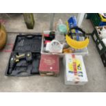 AN ASSORTMENT OF ITEMS TO INCLUDE A 18V CORDLESS DRILL, AN OUTDOOR LIGHT, A FONDUE SET, ETC