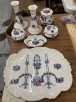 A LOSSOL WARE DRESSING TABLE SET TO INCLUDE A TRAY, CANDLESTICKS ,LIDDED POTS ETC