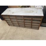 A VINTAGE 25 GLASS FRONTED DRAWER HABERDASHERY CABINET LENGTH 153CM, HEIGHT 77CM