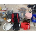 A COLLECTION OF HOUSEHOLD ITEMS TO INCLUDE, STOOLS, CAR SEAT, ETC