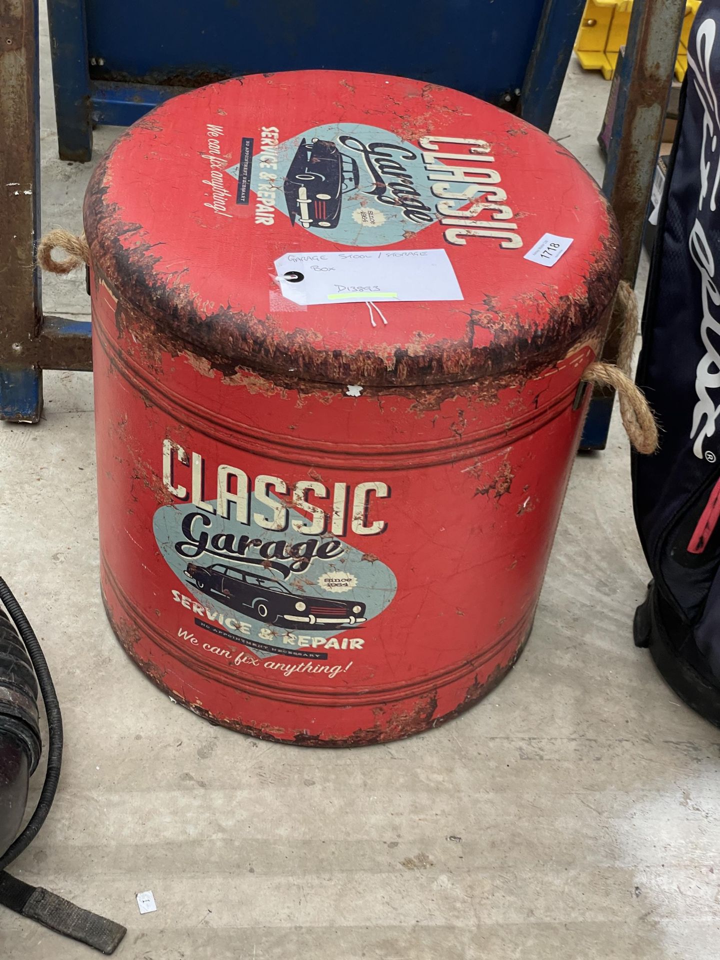 A VINTAGE STYLE GARAGE STOOL AND STORAGE BOX