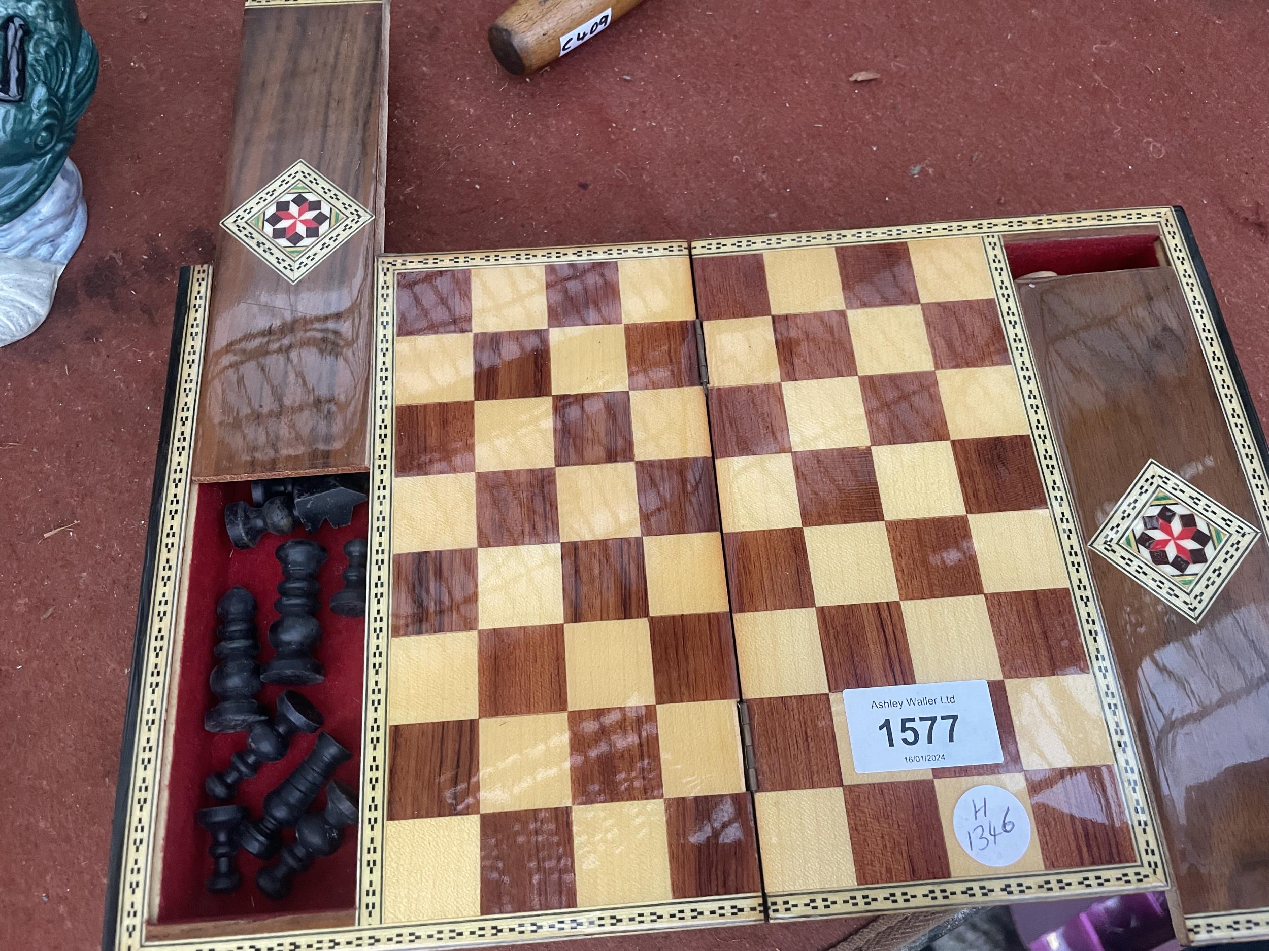 A VINTAGE WOODEN FOLDING TRAVEL CHESS BOARD AND CHESS PIECES - Image 3 of 6