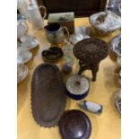 VARIOUS ITEMS TO INCLUDE MUSIC BOX, CARVED MINIATURE TABLE, GLASSWARE, BRUSH/COMB SET ETC