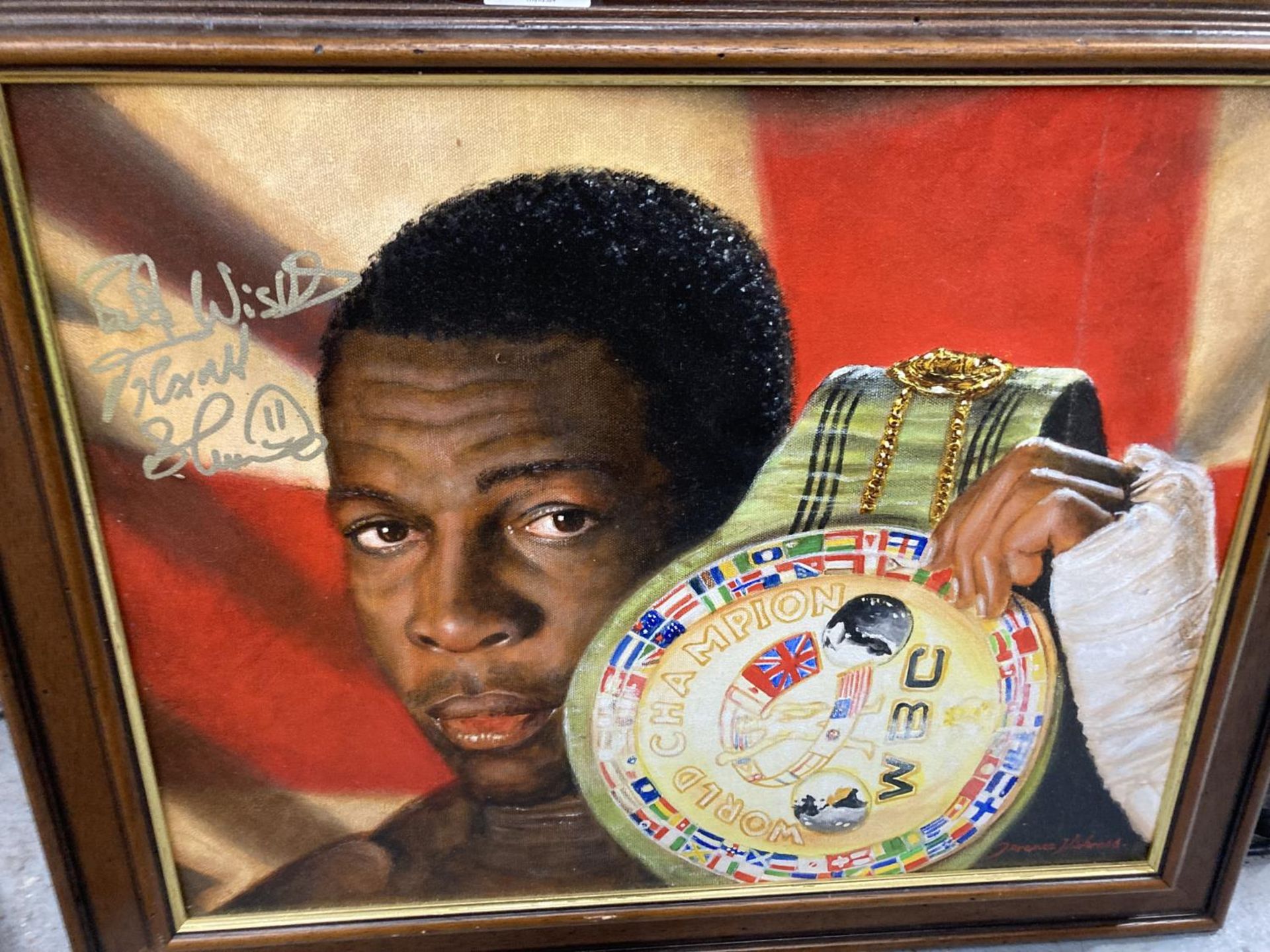 A FRAMED OIL PAINTING OF FRANK BRUNO WITH W.B.C BELT, SIGNED - Bild 2 aus 3