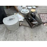 AN ASSORTMENT OF VINTAGE ITEMS TO INCLUDE A TRAY, TINS AND A SIGN ETC