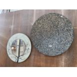 A 26" DIAMETER MOTHER OF PEARL EFFECT WALL MOUNTED DISH AND 22" DIAMETER MATALAN WALL MIRROR WITH
