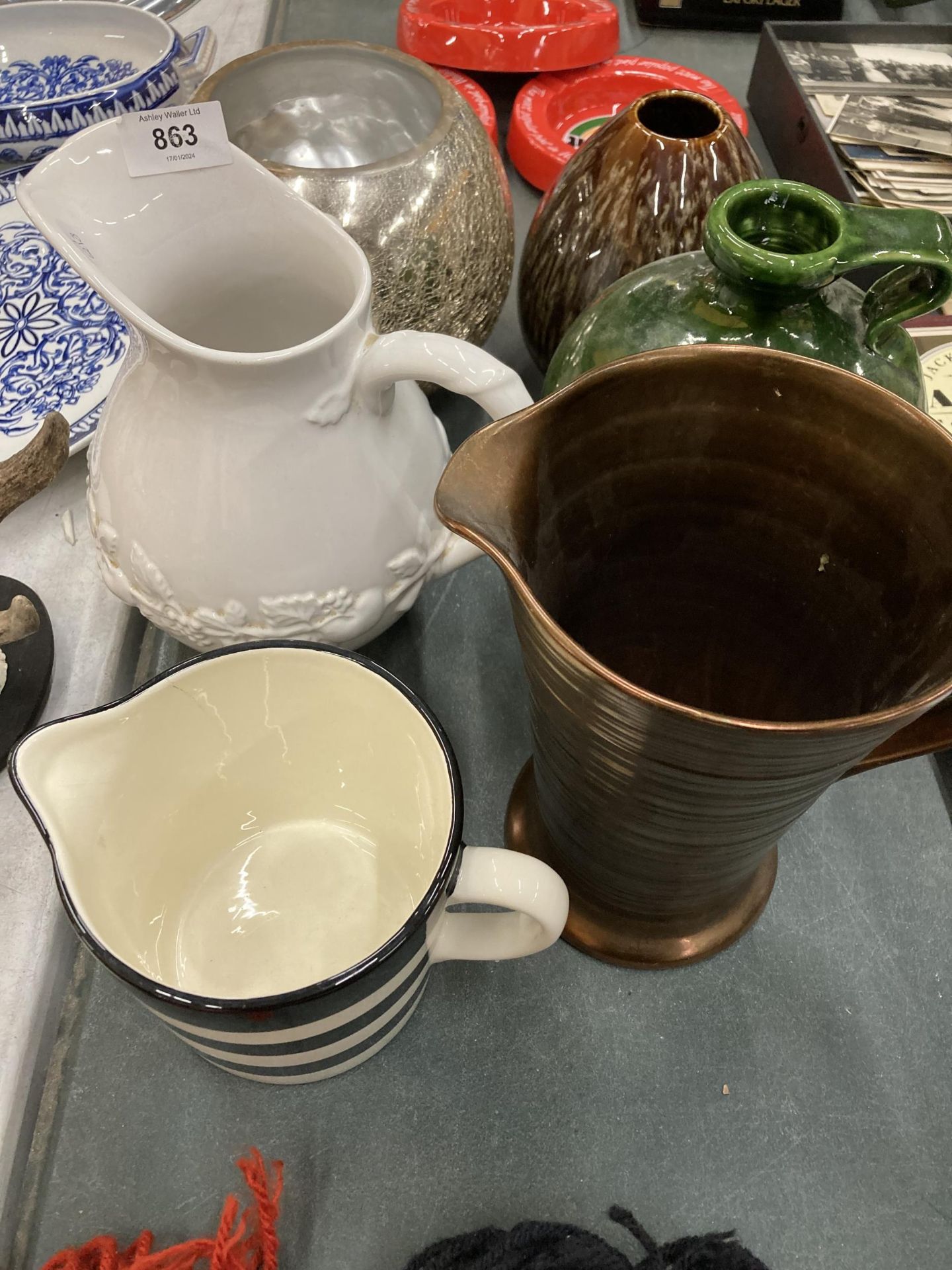 A QUATITY OF LARGE CERAMICS TO INCLUDE JUGS AND VASES