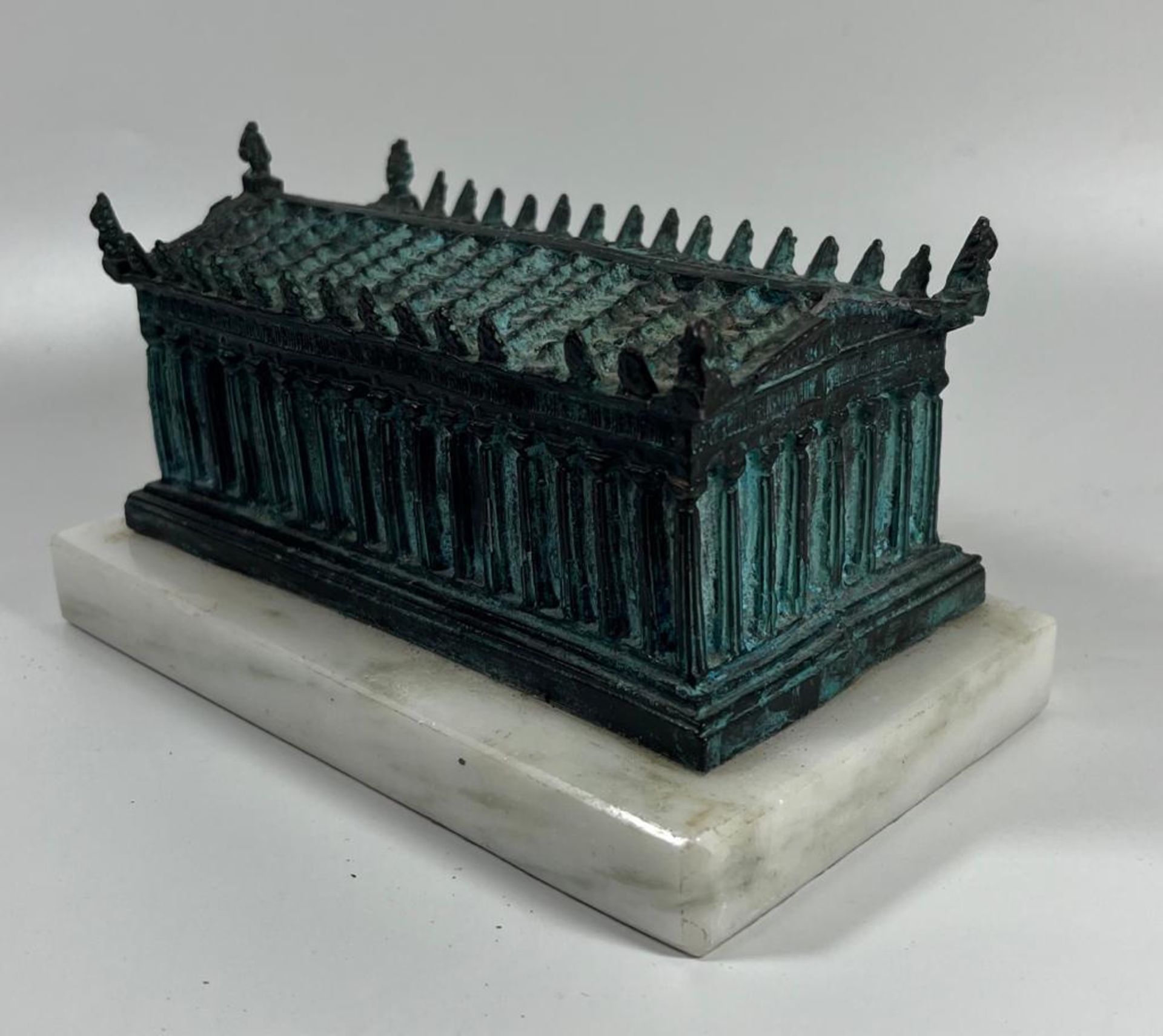 AN ORIENTAL, POSSIBLY TIBETAN, HEAVY BRONZE MODEL OF A GREEK TEMPLE, WITH VERDI GRIS PATINATION, - Image 2 of 5