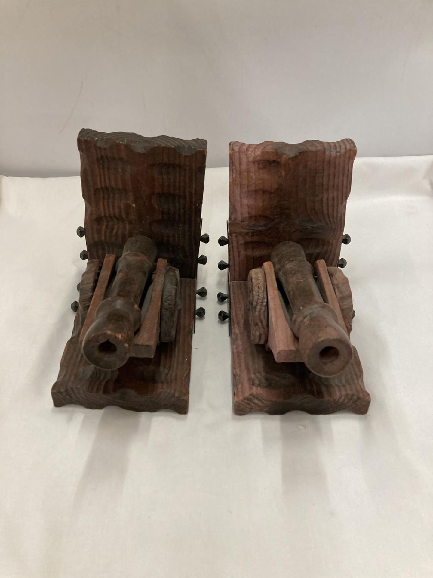 A PAIR OF WOODEN CANON BOOK-ENDS - Image 2 of 3