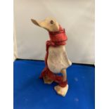 A CARVED WOODEN DUCK WEARING A SCARF, HEIGHT 22CM