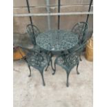 A VINTAGE STYLE GARDEN BISTRO SET COMPRISING OF A ROUND TABLE AND FOUR CHAIRS