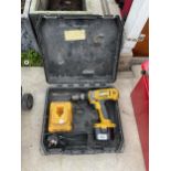 A DEWALT BATTERY DRILL WITH CARRY CASE, BATTERY AND CHARGER