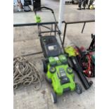 A GREENWORKS G-MAX BATTERY POWERED LAWN MOER WITH GRASS BOX