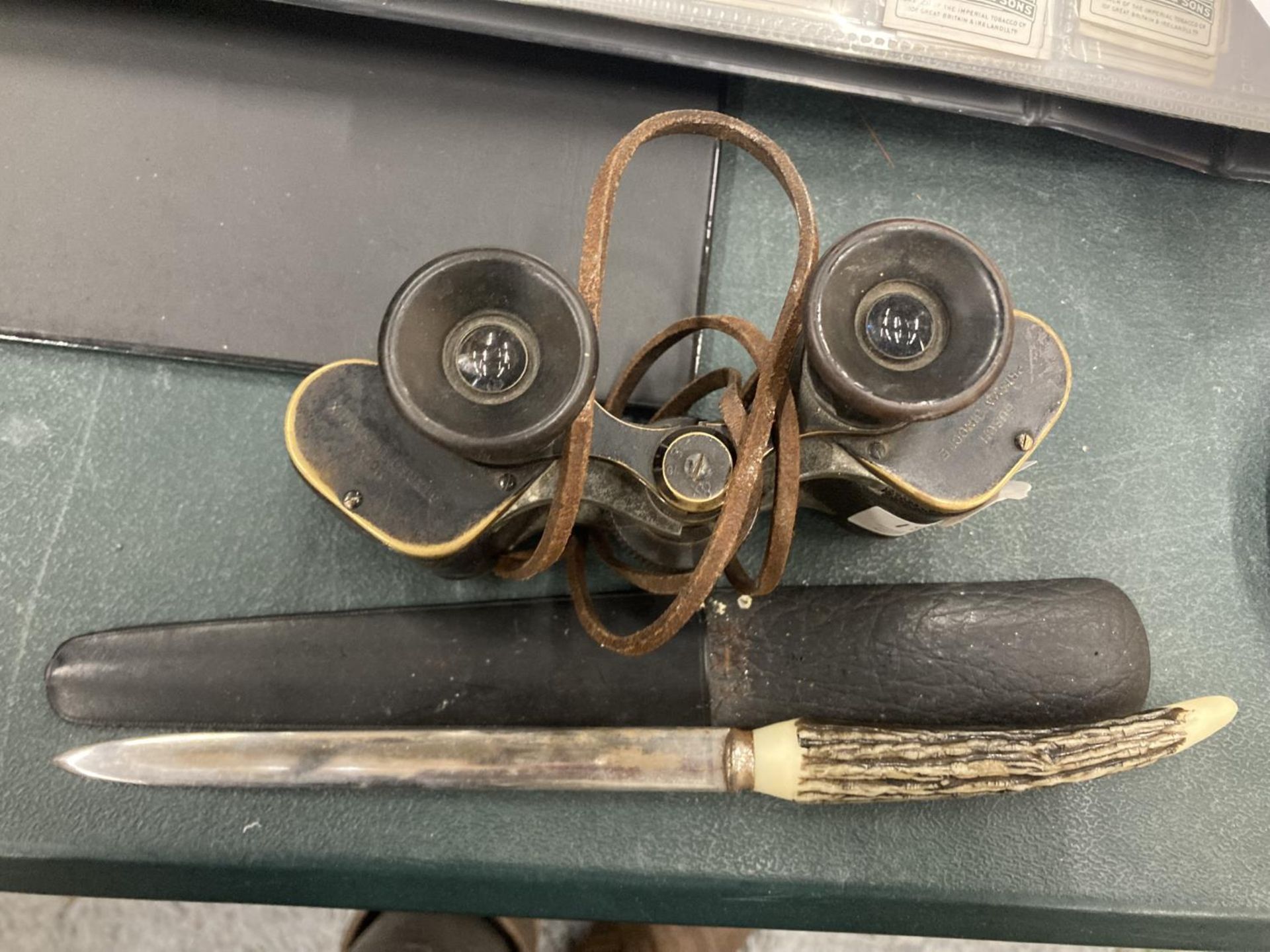 A PAIR OF VINTAGE BINOCULARS AND A BONE HANDLED CASED LETTER OPENER - Image 2 of 2