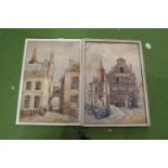 TWO FRAMED WATERCOLOURS ON BOARD DEPICTING STREET SCENES