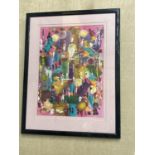 AN ORIGINAL FRAMED ACRYLIC ON CANVAS ABSTRACT DESIGN PICTURE TILTLED THE PARTYS OVER SIGNED TO THE