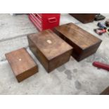 TWO VINTAGE WOODEN WRITING SLOPES AND A SMALL WOODEN BOX