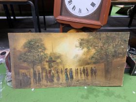 AN OIL ON BOARD PAINTING OF A VICTORIAN PARISIAN PARK SCENE, INDISTINCT SIGNATURE TO BOTTOM RIGHT,