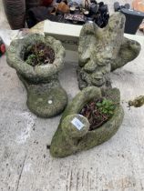 THREE VARIOUS CONCRETE GARDEN ITEMS TO INCLUDE A BOOT PLANTER AND AN EAGLE ETC