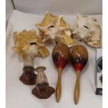 THREE LARGE CONCH SHELLS, A PAIR OF MARACAS AND TWO AFRICAN STYLE BUSTS