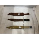 TWO BOWIE KNIVES, ONE WITH LEATHER SCABBARD AND 27CM BLADE AND ANOTHER WITH 26.5CM BLADE