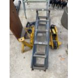 AN ASSORTMENT OF ITEMS TO INCLUDE A PAIR OF METAL CAR RAMPS, AXEL STANDS AND A TROLLEY JACK ETC