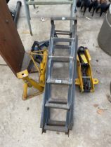 AN ASSORTMENT OF ITEMS TO INCLUDE A PAIR OF METAL CAR RAMPS, AXEL STANDS AND A TROLLEY JACK ETC