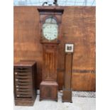 A MAHOGANY LONGCASE CLOCK BY GEO BROWN AIRDRIE WITH PAINTED DIAL DEPICTING MORNING, NOON, EVENING