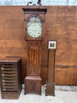 A MAHOGANY LONGCASE CLOCK BY GEO BROWN AIRDRIE WITH PAINTED DIAL DEPICTING MORNING, NOON, EVENING