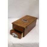 A VINTAGE WOODEN CASH TILL WITH WORKING BELL