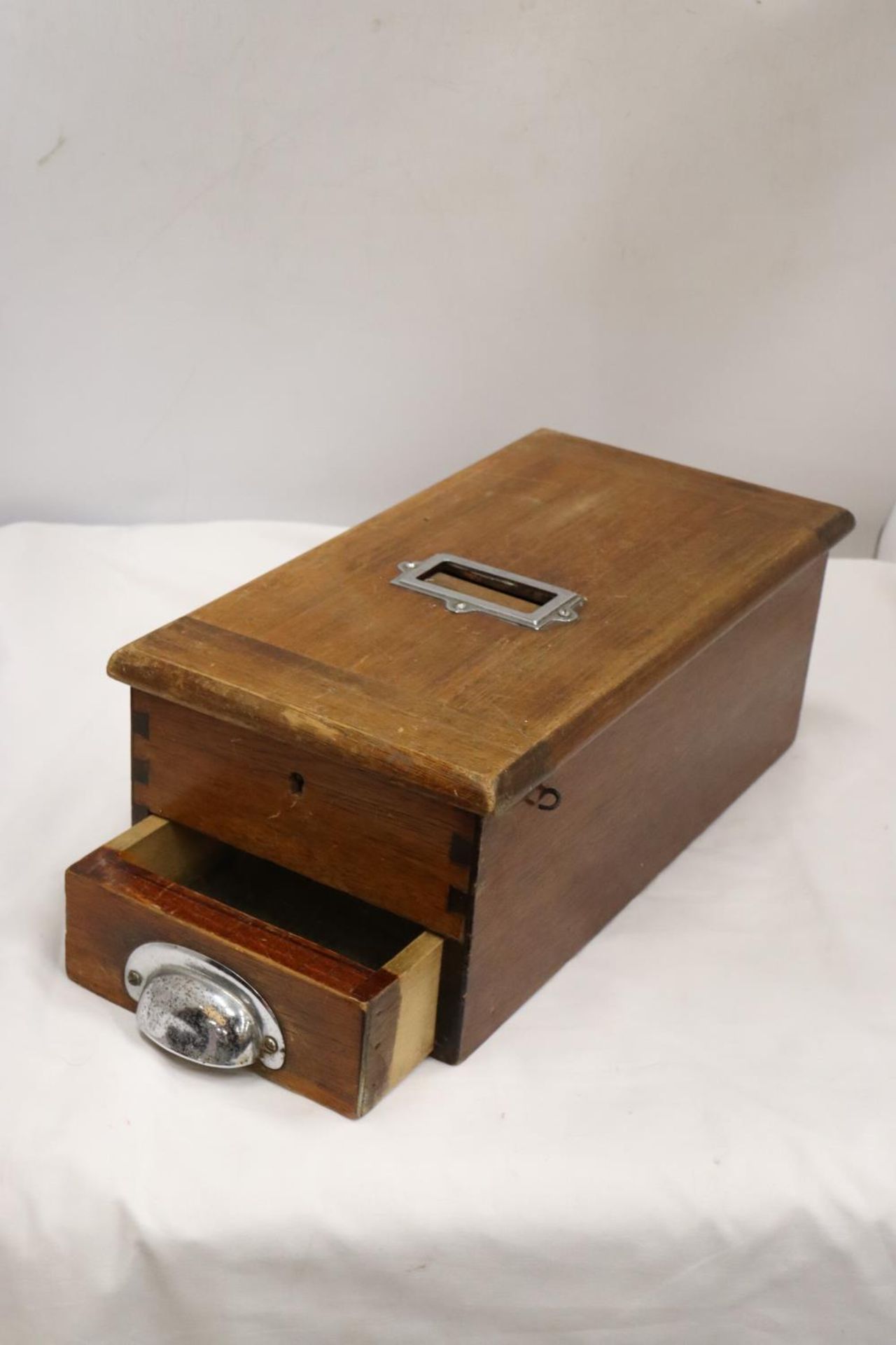 A VINTAGE WOODEN CASH TILL WITH WORKING BELL