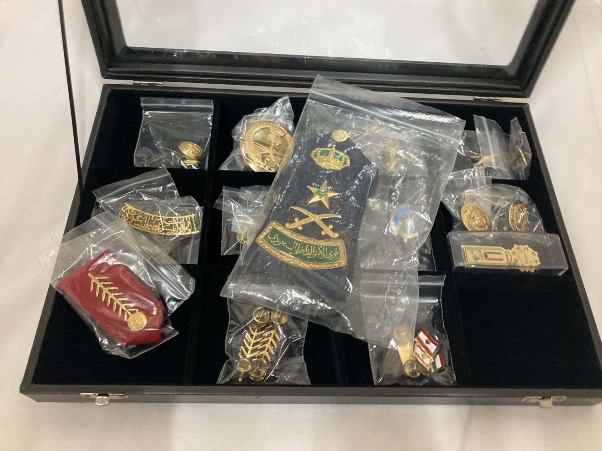 A DISPLAY CASE CONSTAINING TWENTY FIVE GULF MEDALS AND BADGES INCLUDING A PAIR OF SAUDI ARMY - Image 2 of 5