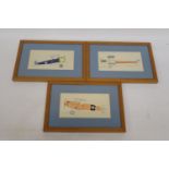 THREE FRAMED PICTURES OF WORLD WAR I FIGHTER PLANES, 13.5 X 25CM