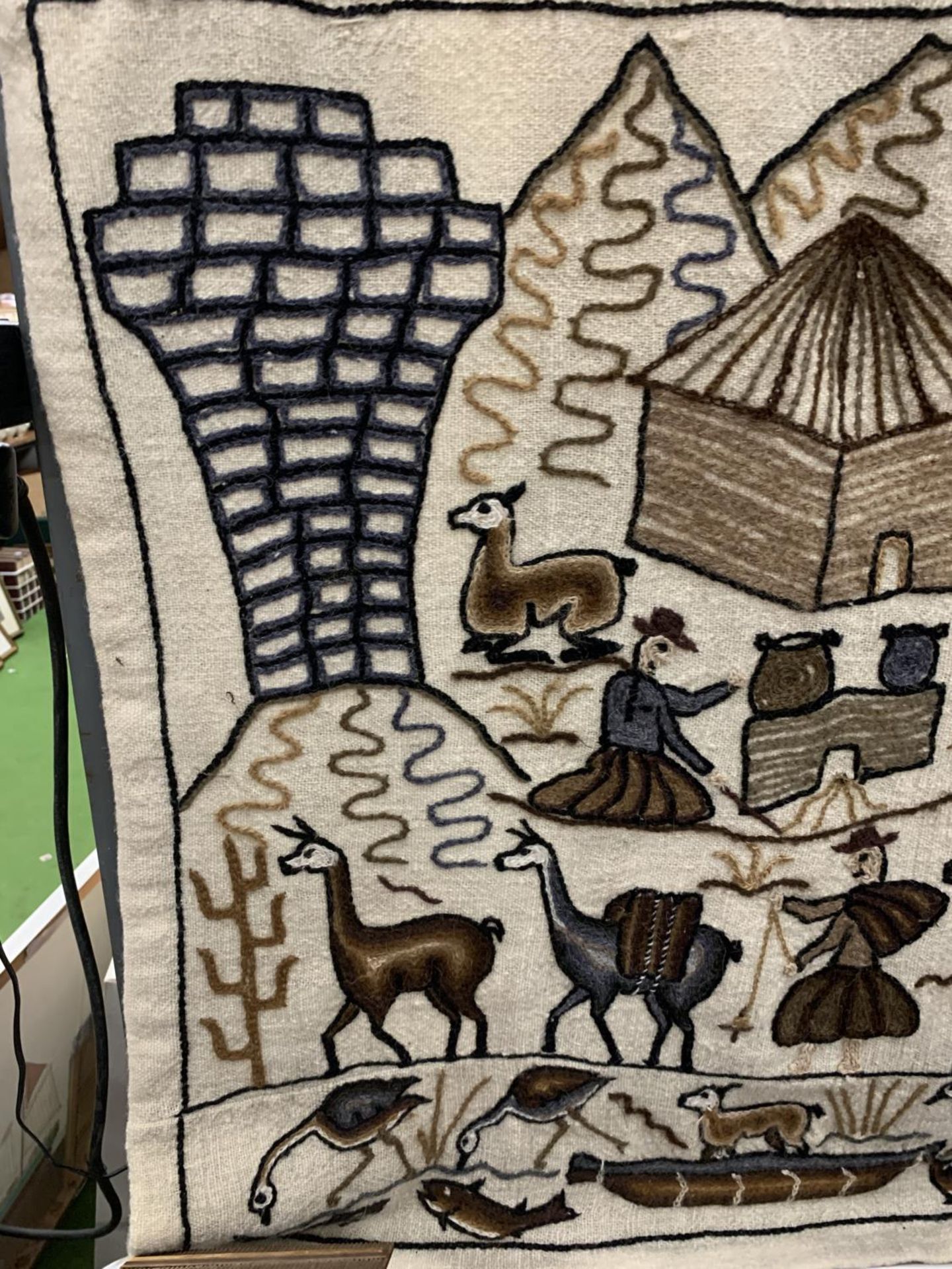 A NAIVE WOOLWORK WALL HANGING WITH ANIMALS, FIGURES AND MOUNTAINS, APPROX 84CM X 80CM - Image 2 of 4