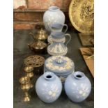 A QUANTIY OF WEDGWOOD BLUE AND WHITEWARE AND BRASS ITEMS