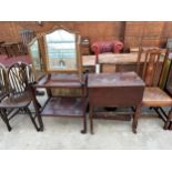 A MAHOGANY DROP LEAF TWO TIER TROLLEY, ONE OTHER TROLLEY AND A GILT FRAMED TRIPLE DRESSING MIRROR