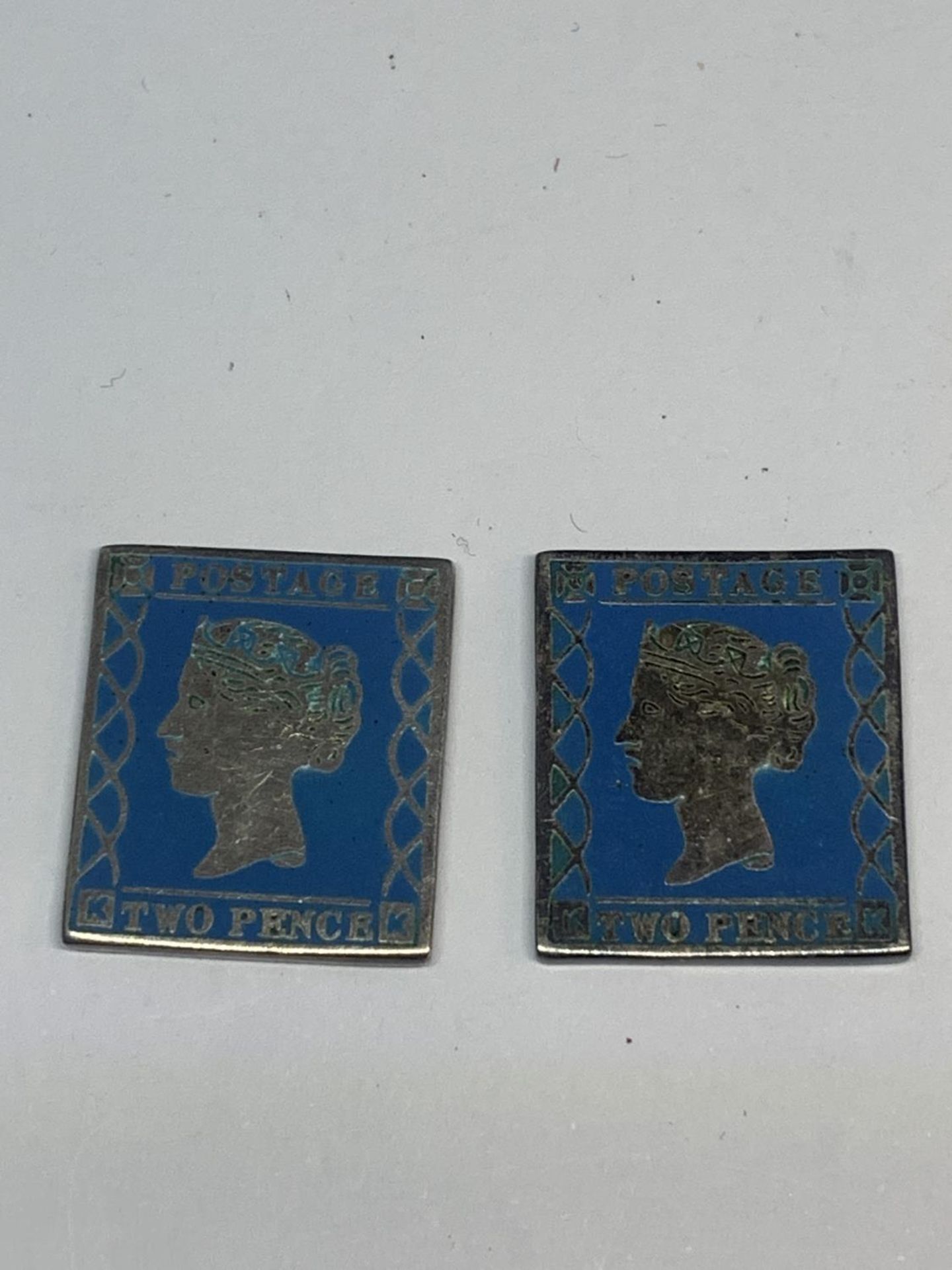 TWO HALLMARKED BIRMINGHAM SILVER TWO PENCE STAMP REPLICAS