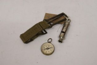 A METROPOLITON WHISTLE BY J. HUDSON, BRASS COMPASS AND A STRAP